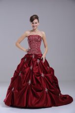 Spectacular Taffeta Strapless Sleeveless Brush Train Lace Up Beading and Embroidery Wedding Dress in Wine Red
