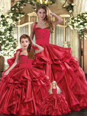 Red Lace Up Straps Ruffles Sweet 16 Dress Organza Sleeveless