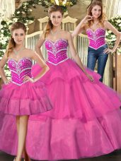 Sweetheart Sleeveless Quinceanera Dresses Floor Length Beading and Ruffled Layers Lilac Tulle