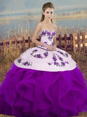 Tulle Sweetheart Sleeveless Lace Up Embroidery and Ruffles and Bowknot Sweet 16 Dress in White And Purple