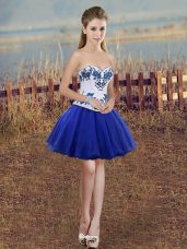 Latest Royal Blue Tulle Lace Up Sweetheart Sleeveless Mini Length Hoco Dress Embroidery