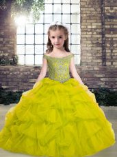 New Arrival Green Ball Gowns Off The Shoulder Sleeveless Tulle Floor Length Lace Up Beading Little Girl Pageant Gowns