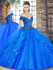 Royal Blue Off The Shoulder Neckline Beading and Ruffles Ball Gown Prom Dress Sleeveless Lace Up