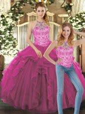 Fuchsia Lace Up 15 Quinceanera Dress Beading and Ruffles Sleeveless Floor Length