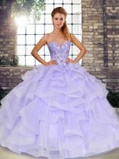 Lavender Sleeveless Beading and Ruffles Floor Length Ball Gown Prom Dress