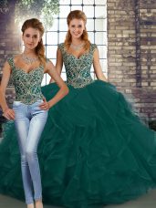 Eye-catching Sleeveless Floor Length Beading and Ruffles Lace Up Ball Gown Prom Dress with Peacock Green