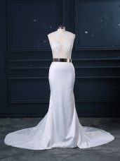 Sophisticated White Zipper Scoop Appliques and Sashes ribbons Wedding Dress Elastic Woven Satin Sleeveless Brush Train