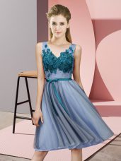 Nice Blue Empire Tulle V-neck Sleeveless Appliques Knee Length Lace Up Bridesmaid Dress