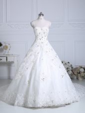 White Ball Gowns Sweetheart Sleeveless Tulle Chapel Train Lace Up Beading and Lace Wedding Gowns