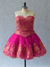 Best Tulle Sweetheart Sleeveless Lace Up Appliques and Embroidery Evening Gowns in Fuchsia