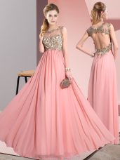 Custom Fit Empire Quinceanera Court Dresses Pink Scoop Chiffon Sleeveless Floor Length Backless