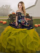 Attractive Off The Shoulder Sleeveless Lace Up Sweet 16 Quinceanera Dress Olive Green Tulle