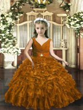 Gorgeous Brown V-neck Neckline Beading and Ruffles Girls Pageant Dresses Sleeveless Backless