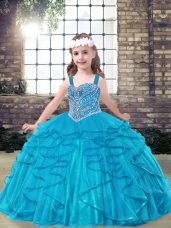 Nice Blue Sleeveless Tulle Lace Up Kids Pageant Dress for Party and Military Ball and Wedding Party