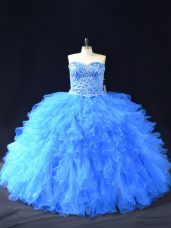 Glamorous Blue Ball Gowns Sweetheart Sleeveless Organza Floor Length Lace Up Beading and Ruffles Vestidos de Quinceanera