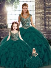 Dazzling Peacock Green Straps Neckline Beading and Ruffles Ball Gown Prom Dress Sleeveless Lace Up