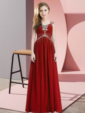 Red Chiffon Side Zipper Prom Dress Cap Sleeves Floor Length Beading