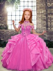 Rose Pink Ball Gowns High-neck Sleeveless Organza Floor Length Lace Up Beading and Ruffles Pageant Gowns For Girls