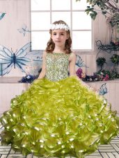 Fashion Olive Green Kids Pageant Dress Party and Military Ball and Wedding Party with Beading and Ruffles Scoop Sleeveless Lace Up