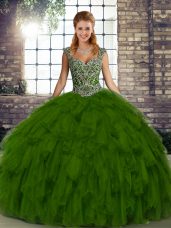 Suitable Olive Green Ball Gowns Organza Straps Sleeveless Beading and Ruffles Floor Length Lace Up Quinceanera Dresses