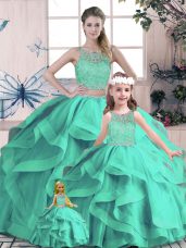 Turquoise Scoop Lace Up Beading and Lace and Ruffles Sweet 16 Dresses Sleeveless