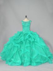 On Sale Turquoise Sleeveless Organza Lace Up Quinceanera Dresses for Sweet 16 and Quinceanera