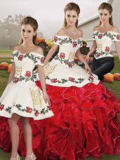 Floor Length Three Pieces Sleeveless White And Red Sweet 16 Dress Lace Up