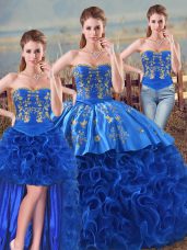 Pretty Royal Blue Lace Up Quinceanera Gown Embroidery and Ruffles Sleeveless Floor Length