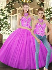 Sleeveless Tulle Floor Length Lace Up Sweet 16 Dresses in Lilac with Embroidery