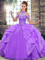 Lavender Sleeveless Floor Length Beading and Ruffles Lace Up 15 Quinceanera Dress