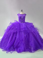 Purple Quince Ball Gowns Organza Brush Train Sleeveless Beading and Ruffles