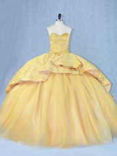 Gold Quinceanera Gowns Sweetheart Court Train Lace Up