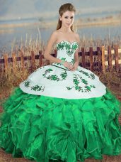 Green Sweetheart Lace Up Embroidery and Ruffles and Bowknot Quince Ball Gowns Sleeveless