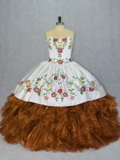 Organza Sweetheart Sleeveless Lace Up Embroidery and Ruffles Sweet 16 Dress in Brown