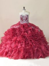 Dramatic Lace Up Quinceanera Dresses Wine Red for Sweet 16 and Quinceanera with Beading and Appliques and Ruffles Brush Train