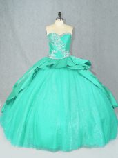 Turquoise Quinceanera Gown Satin Court Train Sleeveless Embroidery