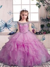 Sleeveless Organza Floor Length Lace Up Evening Gowns in Lilac with Beading and Ruffles