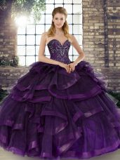 Stylish Purple Lace Up Sweet 16 Dress Beading and Ruffles Sleeveless Floor Length