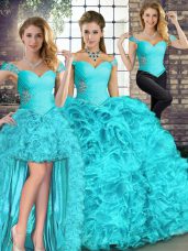 Exquisite Aqua Blue Lace Up Sweet 16 Dresses Beading and Ruffles Sleeveless Floor Length