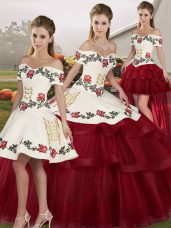 Wine Red Quinceanera Dresses Military Ball and Sweet 16 and Quinceanera with Embroidery and Ruffled Layers Off The Shoulder Sleeveless Brush Train Lace Up