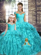 High End Aqua Blue Ball Gowns Off The Shoulder Sleeveless Organza Brush Train Lace Up Beading and Ruffles Vestidos de Quinceanera