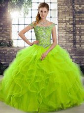 Latest Lace Up Off The Shoulder Beading and Ruffles Quinceanera Dress Tulle Sleeveless Brush Train