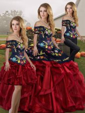 Admirable Embroidery and Ruffles Sweet 16 Dresses Red And Black Lace Up Sleeveless Floor Length