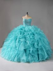 Modern Sleeveless Organza Lace Up Quince Ball Gowns in Aqua Blue with Beading and Ruffles