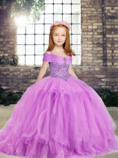 Dazzling Floor Length Lilac Little Girls Pageant Dress Straps Sleeveless Side Zipper