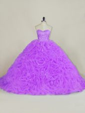 Super Lavender Ball Gowns Fabric With Rolling Flowers Sweetheart Sleeveless Beading Lace Up 15th Birthday Dress Court Train