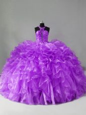Classical Purple 15th Birthday Dress Sweet 16 and Quinceanera with Beading and Ruffles Halter Top Sleeveless Brush Train Zipper