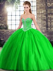 Luxurious Green Sleeveless Tulle Brush Train Lace Up Quinceanera Gowns for Military Ball and Sweet 16 and Quinceanera