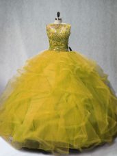 Delicate Olive Green Quinceanera Dresses Sweet 16 and Quinceanera with Beading and Ruffles Bateau Sleeveless Court Train Lace Up