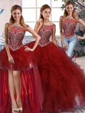 Scoop Sleeveless Sweet 16 Dresses Floor Length Beading and Ruffles Burgundy Organza